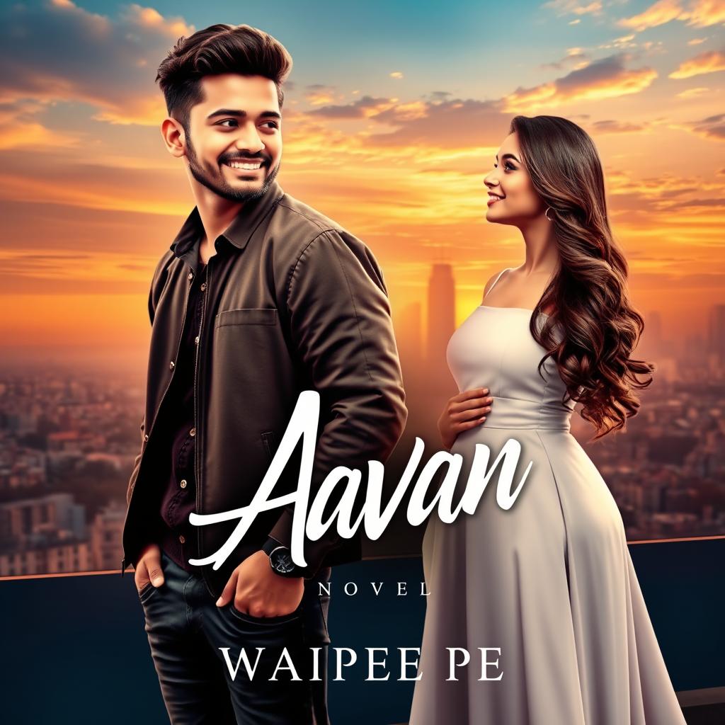 An eye-catching cover design for the novel 'Aavan' by Waipee Pe, prominently featuring a 23-year-old man with a confident smile and short, trendy hair, dressed in a modern casual outfit