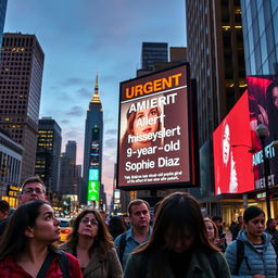 A striking city scene at dusk with a large outdoor digital display prominently showing an Amber Alert for a missing 9-year-old Hispanic girl named Sophie Diaz