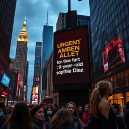 A striking city scene at dusk with a large outdoor digital display prominently showing an Amber Alert for a missing 9-year-old Hispanic girl named Sophie Diaz