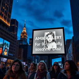 A striking city scene at dusk with a large outdoor digital display prominently showing an Amber Alert for a missing 9-year-old Hispanic girl named Sophie Diaz