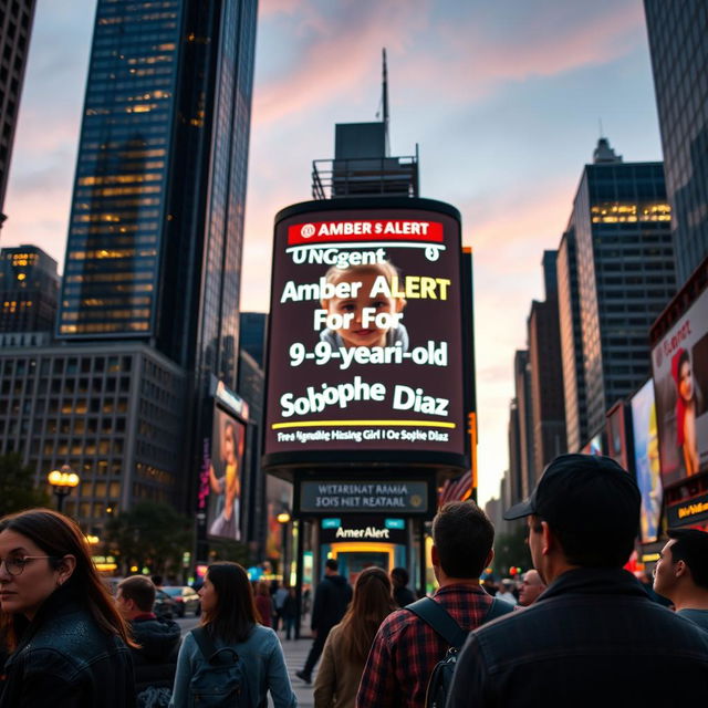 A striking city scene at dusk with a large outdoor digital display prominently showing an Amber Alert for a missing 9-year-old Hispanic girl named Sophie Diaz