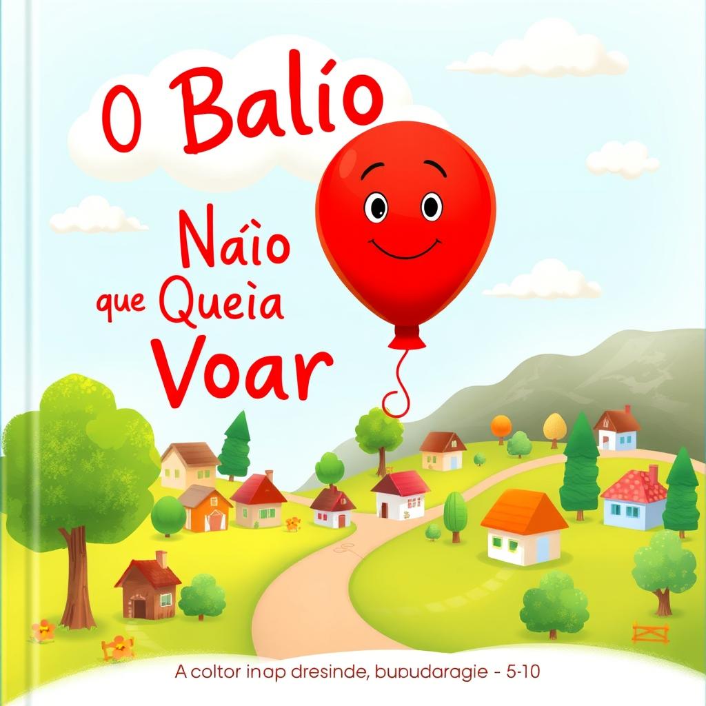 A whimsical children's book cover for 'O Balão que Não Queria Voar', featuring a vibrant red balloon with expressive eyes and a gentle smile, gently floating above a colorful, cozy town