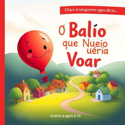 A whimsical children's book cover for 'O Balão que Não Queria Voar', featuring a vibrant red balloon with expressive eyes and a gentle smile, gently floating above a colorful, cozy town