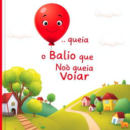 A whimsical children's book cover for 'O Balão que Não Queria Voar', featuring a vibrant red balloon with expressive eyes and a gentle smile, gently floating above a colorful, cozy town