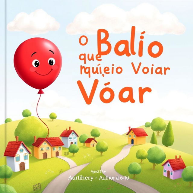 A whimsical children's book cover for 'O Balão que Não Queria Voar', featuring a vibrant red balloon with expressive eyes and a gentle smile, gently floating above a colorful, cozy town