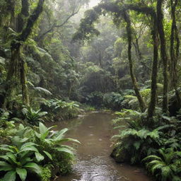 A lush and vibrant tropical rainforest, filled with multi-layered canopies of verdant trees, teeming with diverse wildlife, and crisscrossed by clear, flowing rivers.