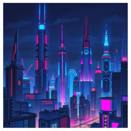 A macro flat colored illustration for the book 'Os Mercadores', depicting a futuristic city at night