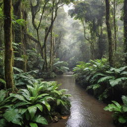 A lush and vibrant tropical rainforest, filled with multi-layered canopies of verdant trees, teeming with diverse wildlife, and crisscrossed by clear, flowing rivers.