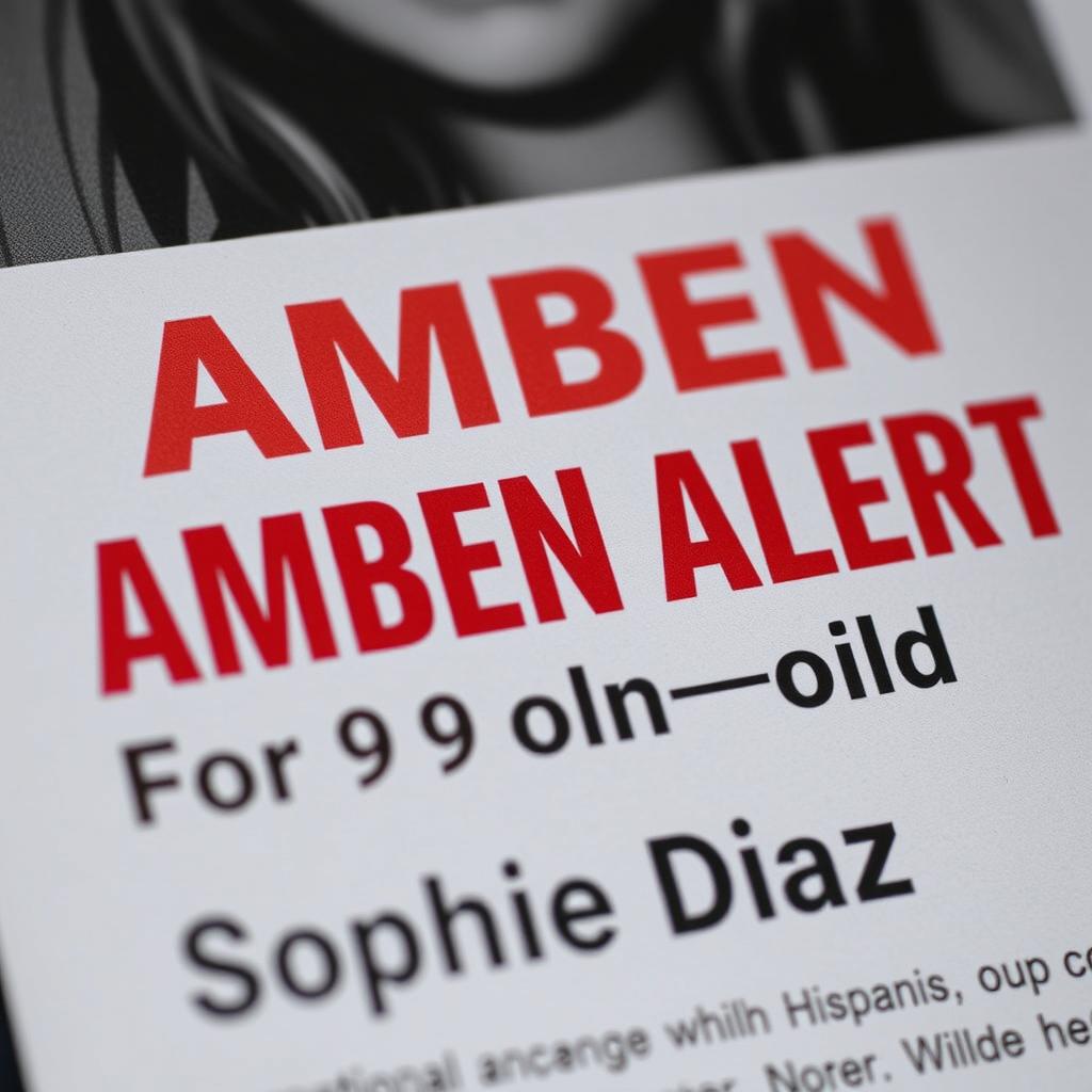 A close-up of a poster displaying an Amber Alert for a missing 9-year-old Hispanic girl named Sophie Diaz