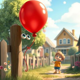 An enchanting scene in a small, quiet town featuring a red balloon tied to a wooden fence post, gazing wistfully at the sky with big, expressive eyes