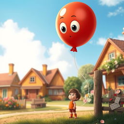 An enchanting scene in a small, quiet town featuring a red balloon tied to a wooden fence post, gazing wistfully at the sky with big, expressive eyes