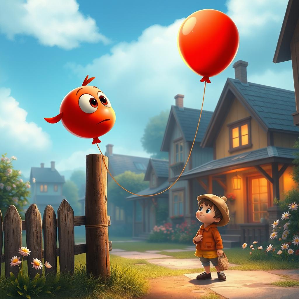 An enchanting scene in a small, quiet town featuring a red balloon tied to a wooden fence post, gazing wistfully at the sky with big, expressive eyes