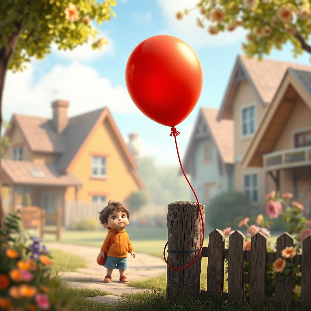 An enchanting scene in a small, quiet town featuring a red balloon tied to a wooden fence post, gazing wistfully at the sky with big, expressive eyes