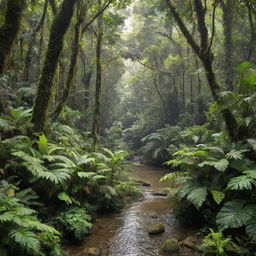 A lush and vibrant tropical rainforest, filled with multi-layered canopies of verdant trees, teeming with diverse wildlife, and crisscrossed by clear, flowing rivers.