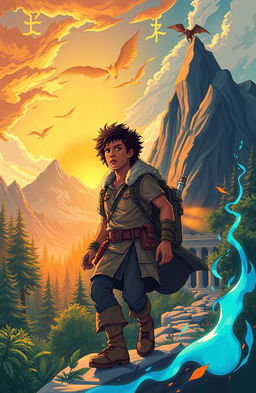 An inspiring illustration of a hero embarking on a transformative journey through a mystical landscape, featuring a diverse hero figure dressed in adventurous attire