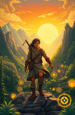 An inspiring illustration of a hero embarking on a transformative journey through a mystical landscape, featuring a diverse hero figure dressed in adventurous attire