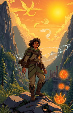 An inspiring illustration of a hero embarking on a transformative journey through a mystical landscape, featuring a diverse hero figure dressed in adventurous attire