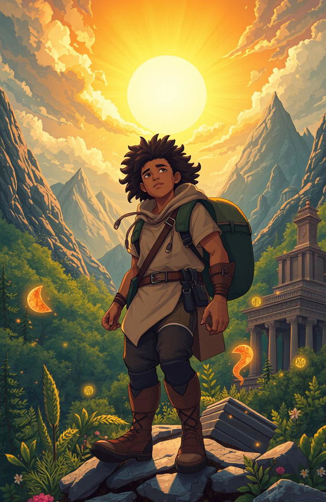 An inspiring illustration of a hero embarking on a transformative journey through a mystical landscape, featuring a diverse hero figure dressed in adventurous attire