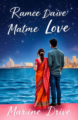 A romantic book cover featuring a beautiful woman wearing a vibrant saree and a handsome man standing apart from each other at Marine Drive in Mumbai