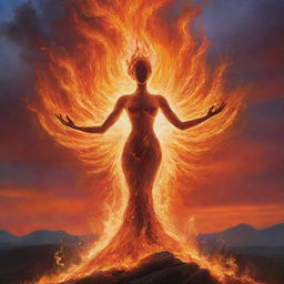 A bright, powerful fire taking on the abstract form of a spirit, radiating the pure energy and warmth reminiscent of the divine, set against a majestic twilight sky.