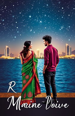 A romantic book cover featuring a beautiful woman wearing a vibrant saree and a handsome man standing apart from each other at Marine Drive in Mumbai