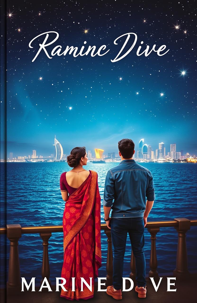 A romantic book cover featuring a beautiful woman wearing a vibrant saree and a handsome man standing apart from each other at Marine Drive in Mumbai