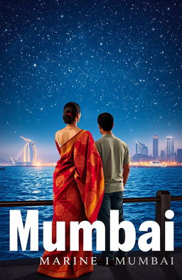 A romantic book cover featuring a beautiful woman wearing a vibrant saree and a handsome man standing apart from each other at Marine Drive in Mumbai