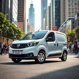 A striking Dacia Dokker vehicle in a pristine white finish, parked against an urban backdrop featuring modern skyscrapers, busy streets, and colorful street art