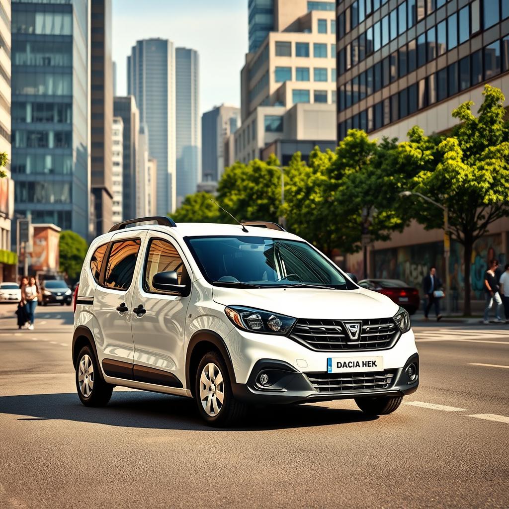 A striking Dacia Dokker vehicle in a pristine white finish, parked against an urban backdrop featuring modern skyscrapers, busy streets, and colorful street art