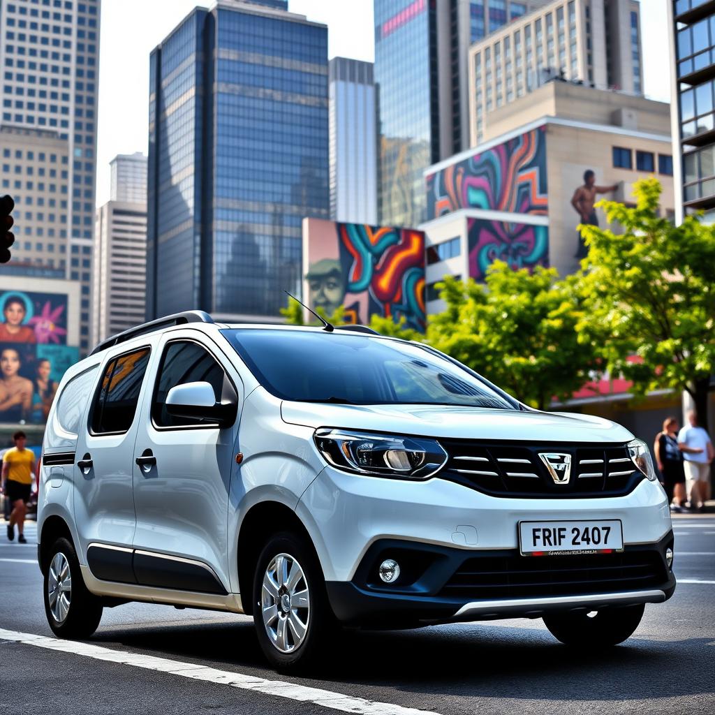 A striking Dacia Dokker vehicle in a pristine white finish, parked against an urban backdrop featuring modern skyscrapers, busy streets, and colorful street art