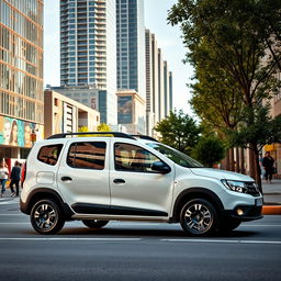 A striking Dacia Dokker vehicle in a pristine white finish, parked against an urban backdrop featuring modern skyscrapers, busy streets, and colorful street art