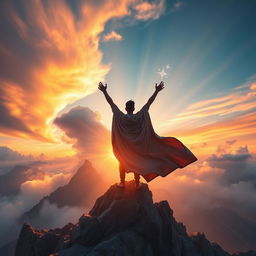 A powerful and inspirational scene depicting a person in a dramatic mountain landscape, standing triumphantly at the peak, arms raised to the sky in a victorious pose, surrounded by swirling clouds and rays of sunlight breaking through, symbolizing the discovery of inner strength and potential