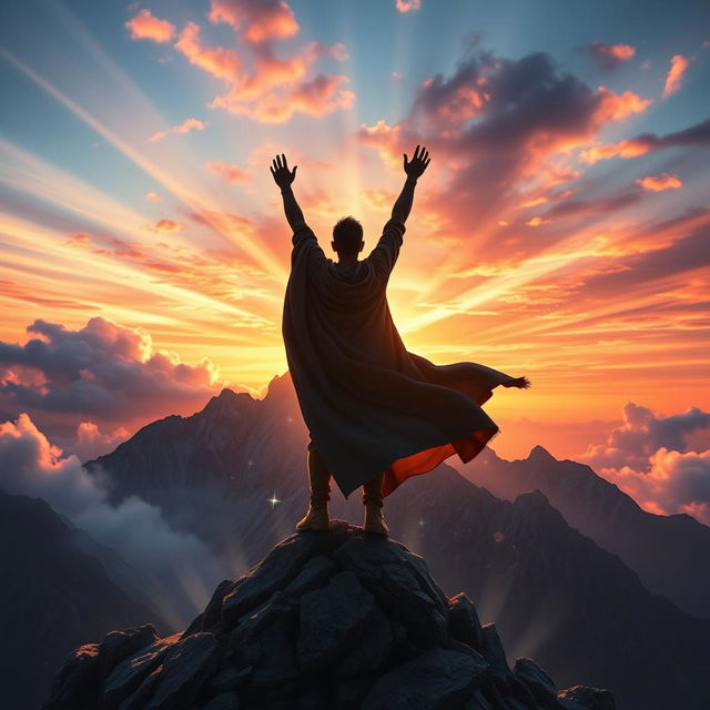 A powerful and inspirational scene depicting a person in a dramatic mountain landscape, standing triumphantly at the peak, arms raised to the sky in a victorious pose, surrounded by swirling clouds and rays of sunlight breaking through, symbolizing the discovery of inner strength and potential