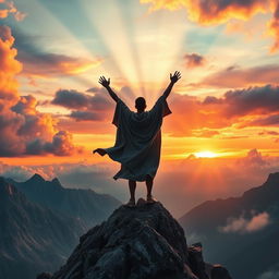 A powerful and inspirational scene depicting a person in a dramatic mountain landscape, standing triumphantly at the peak, arms raised to the sky in a victorious pose, surrounded by swirling clouds and rays of sunlight breaking through, symbolizing the discovery of inner strength and potential