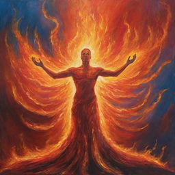 A bright, powerful fire taking on the abstract form of a spirit, radiating the pure energy and warmth reminiscent of the divine, set against a majestic twilight sky.