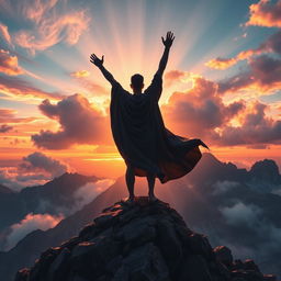 A powerful and inspirational scene depicting a person in a dramatic mountain landscape, standing triumphantly at the peak, arms raised to the sky in a victorious pose, surrounded by swirling clouds and rays of sunlight breaking through, symbolizing the discovery of inner strength and potential