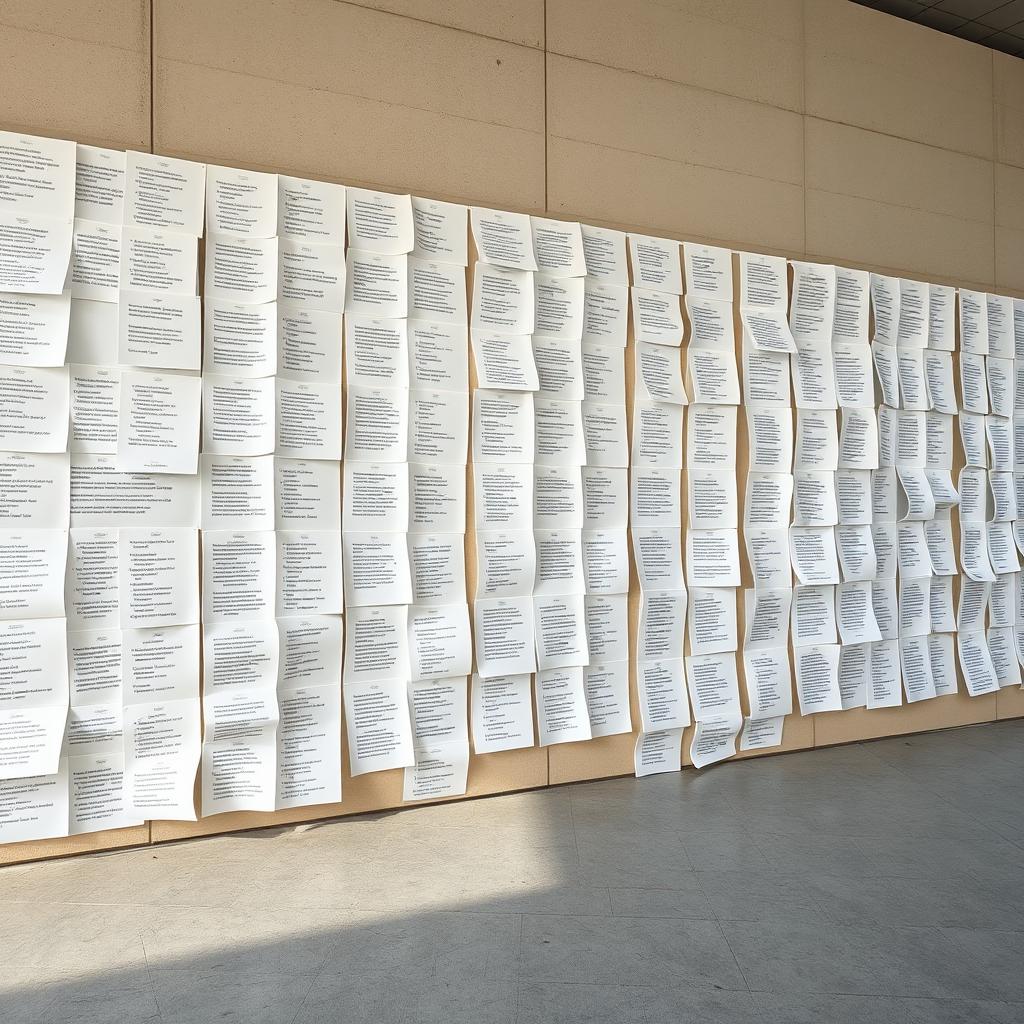 An enormous wall in an outdoor setting, covered with white sheets of paper, each adorned with various poems and writings