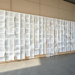 An enormous wall in an outdoor setting, covered with white sheets of paper, each adorned with various poems and writings