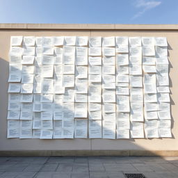 An enormous wall in an outdoor setting, covered with white sheets of paper, each adorned with various poems and writings