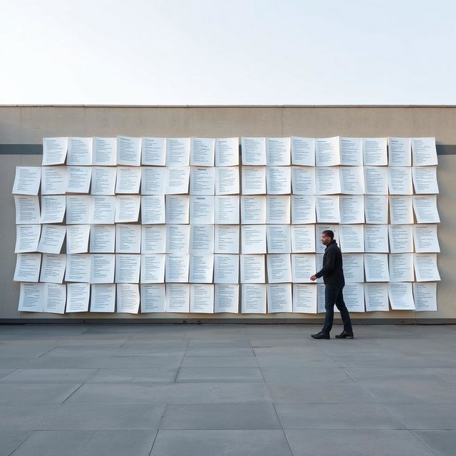 An enormous wall in an outdoor setting, covered with white sheets of paper, each adorned with various poems and writings