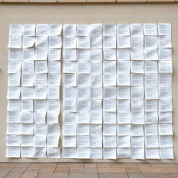 An enormous wall in an outdoor setting, covered with white sheets of paper, each adorned with various poems and writings