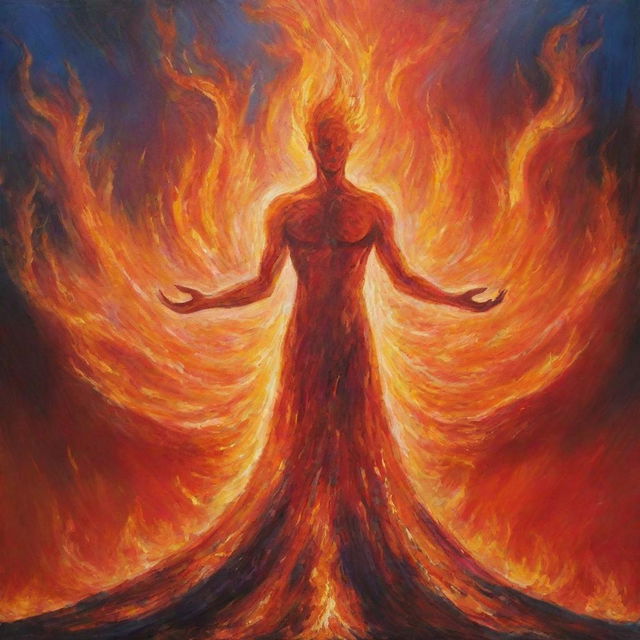 A bright, powerful fire taking on the abstract form of a spirit, radiating the pure energy and warmth reminiscent of the divine, set against a majestic twilight sky.