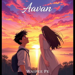 A captivating novel cover for 'Aavan' by Waipee Pe, featuring two characters, Aavan and Maya