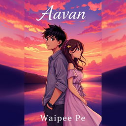 A captivating novel cover for 'Aavan' by Waipee Pe, featuring two characters, Aavan and Maya