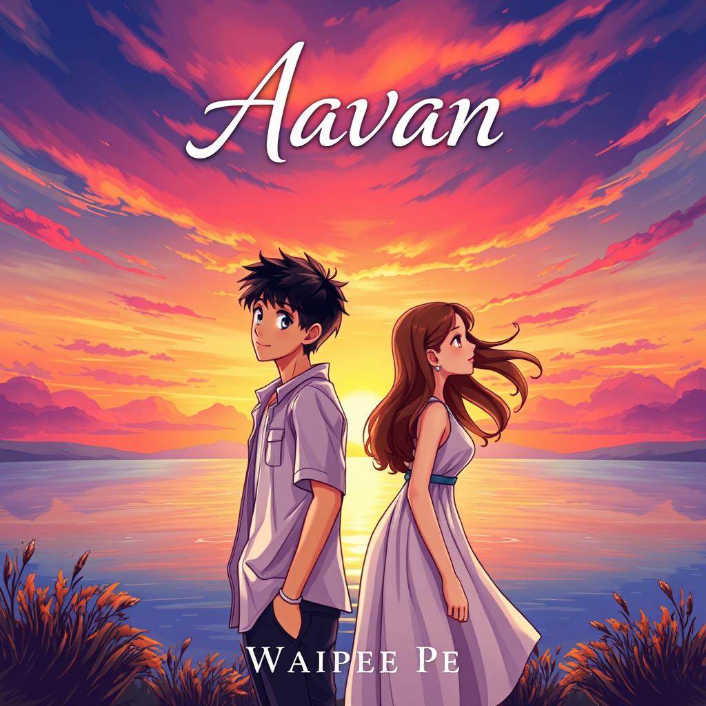 A captivating novel cover for 'Aavan' by Waipee Pe, featuring two characters, Aavan and Maya