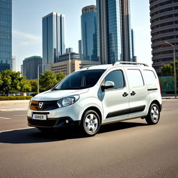 A striking Dacia Dokker vehicle in a pristine white finish, parked in an urban environment featuring modern skyscrapers, clean streets, and vibrant street art