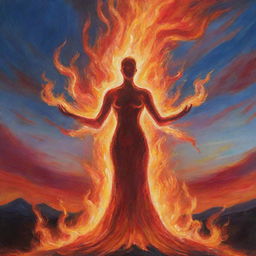 A bright, powerful fire taking on the abstract form of a spirit, radiating the pure energy and warmth reminiscent of the divine, set against a majestic twilight sky.