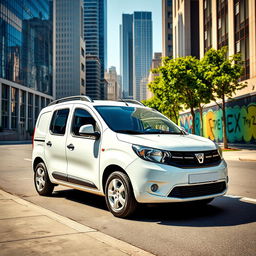 A striking Dacia Dokker vehicle in a pristine white finish, parked in an urban environment featuring modern skyscrapers, clean streets, and vibrant street art