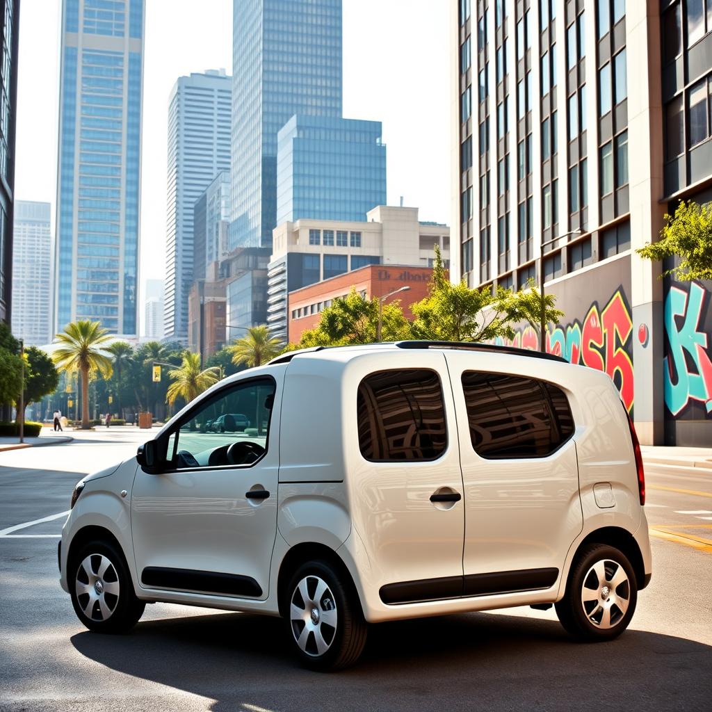 A striking Dacia Dokker vehicle in a pristine white finish, parked in an urban environment featuring modern skyscrapers, clean streets, and vibrant street art