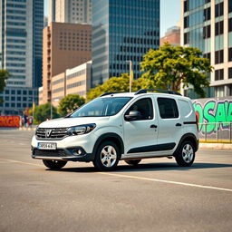 A striking Dacia Dokker vehicle in a pristine white finish, parked in an urban environment featuring modern skyscrapers, clean streets, and vibrant street art